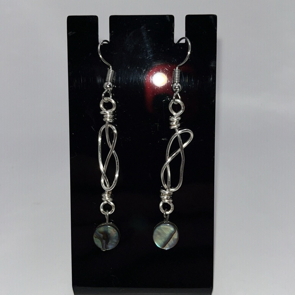 Handmade Dangle‎ Earrings Swirled Silver tone Wire Iridescent Charms Boho Art